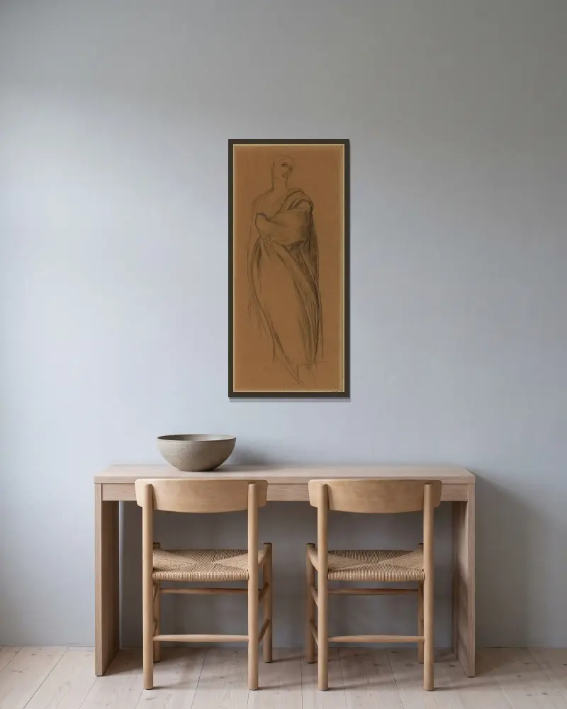 Draperad kvinna, stående, framifrån av Pierre Puvis de Chavannes inramad på en vägg