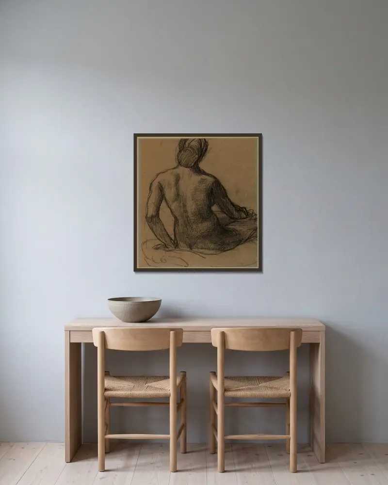 Naken kvinna, sittande, sedd från ryggen av Pierre Puvis de Chavannes inramad på en vägg