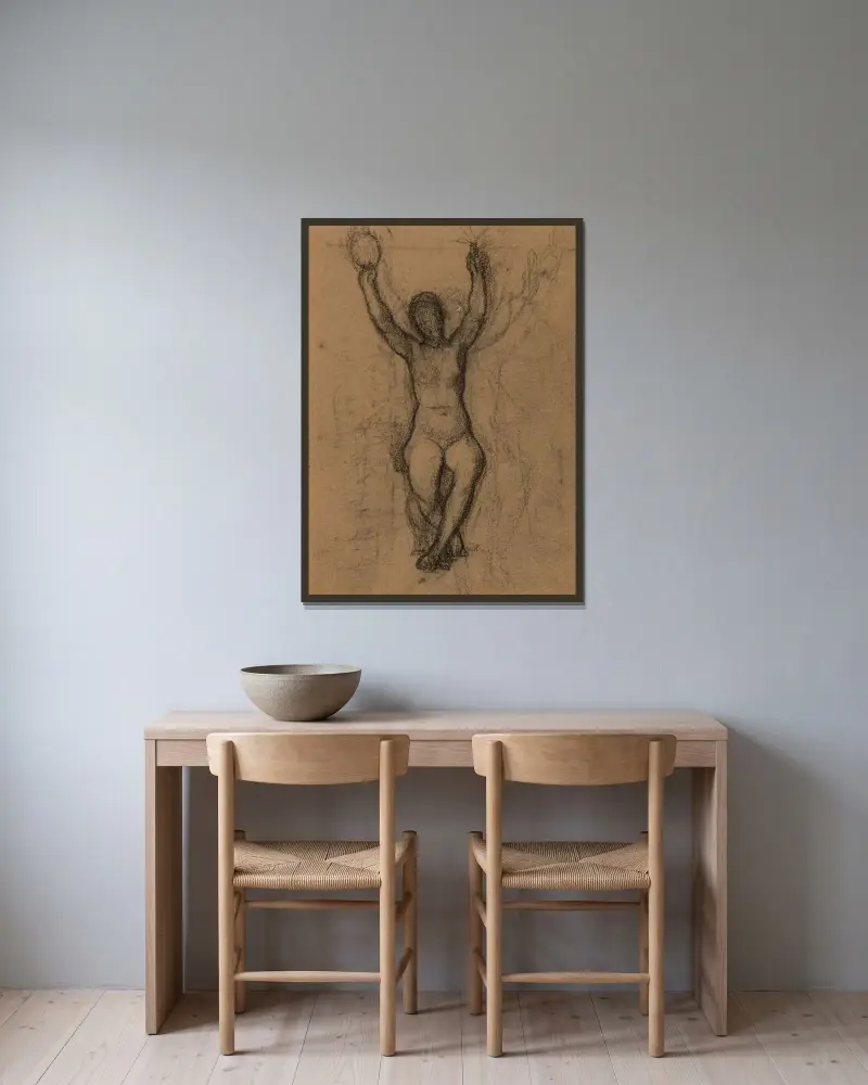 Naken kvinna sittande framifrån, båda armarna lyfta av Pierre Puvis de Chavannes inramad på en vägg