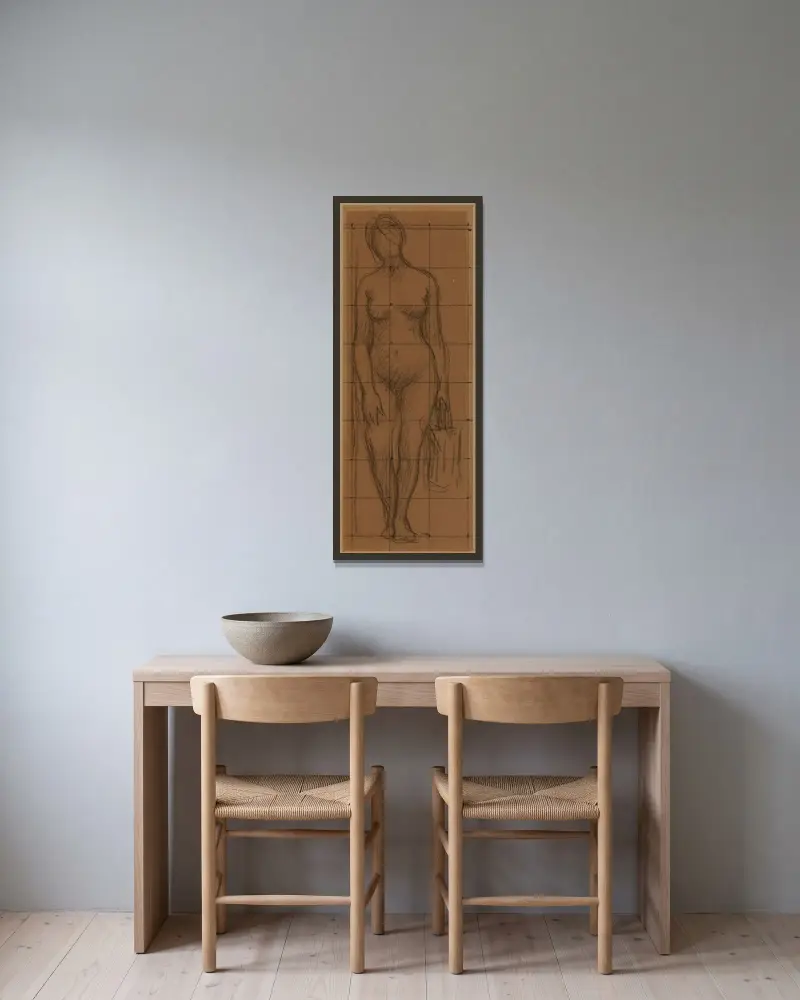 Naken kvinna framifrån med vattenkanna i vänster hand av Pierre Puvis de Chavannes inramad på en vägg