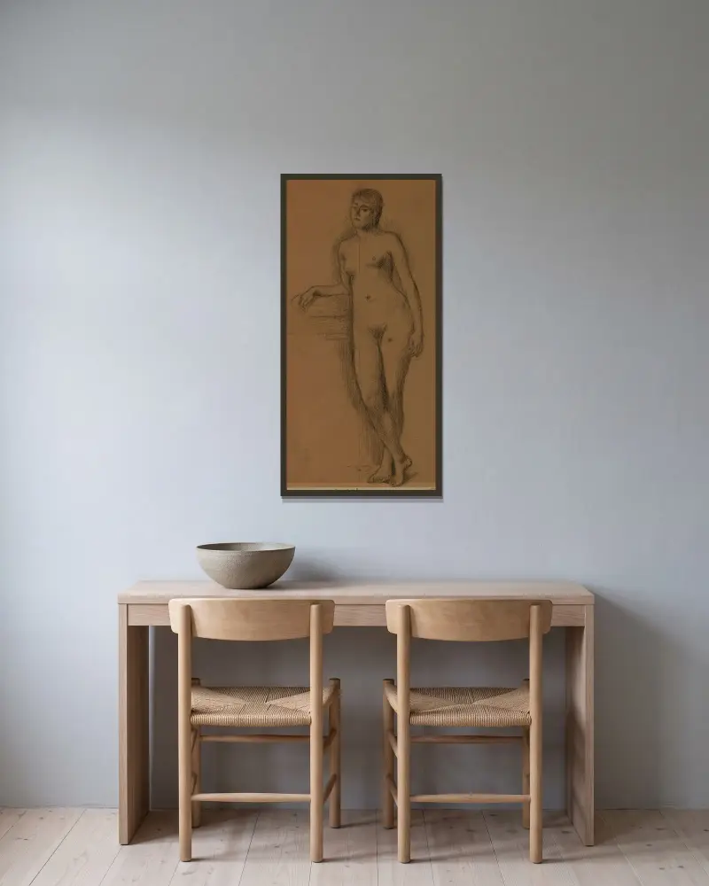 Stående naken kvinna, framifrån, med armbåge och underarm vilande av Pierre Puvis de Chavannes inramad på en vägg