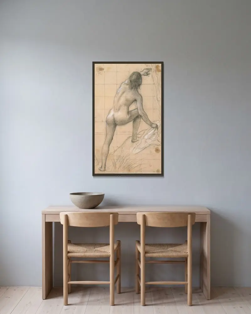 Naken figur bakifrån, vänster arm utsträckt uppåt av Pierre Puvis de Chavannes inramad på en vägg