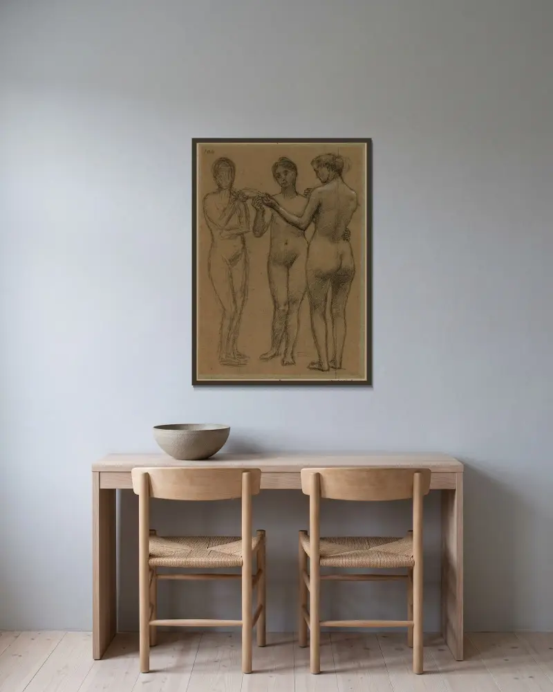 Grupp av tre kvinnor av Pierre Puvis de Chavannes inramad på en vägg