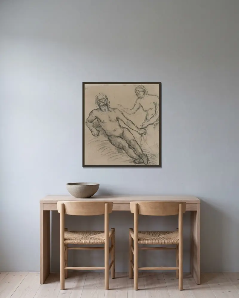 Liggande man på marken och sittande kvinna lutad över honom av Pierre Puvis de Chavannes inramad på en vägg
