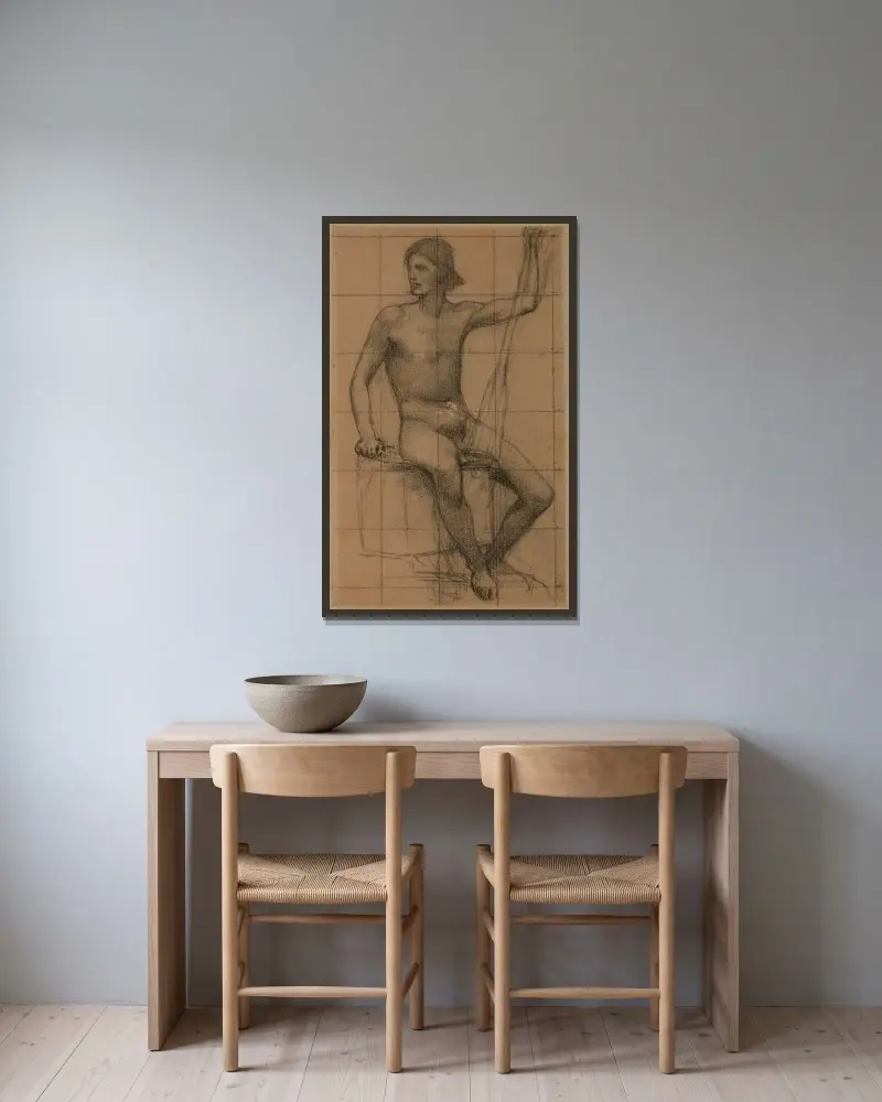 Sittande man framifrån med en åra mellan benen av Pierre Puvis de Chavannes inramad på en vägg