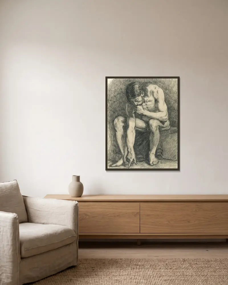 Sittande man som skriver på marken med fingret av Pierre Puvis de Chavannes inramad på en vägg