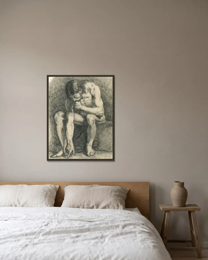 Sittande man som skriver på marken med fingret av Pierre Puvis de Chavannes inramad på en vägg