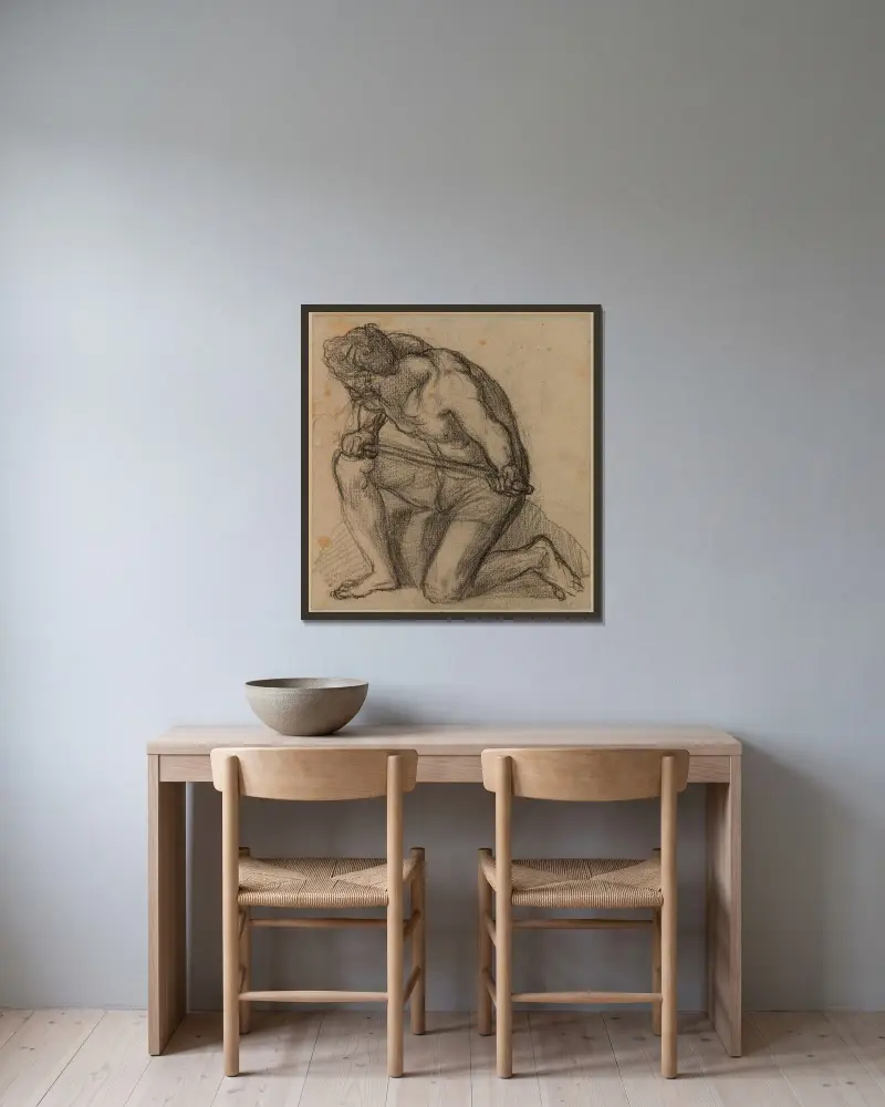 Man i profil åt vänster, vänster knä i marken av Pierre Puvis de Chavannes inramad på en vägg