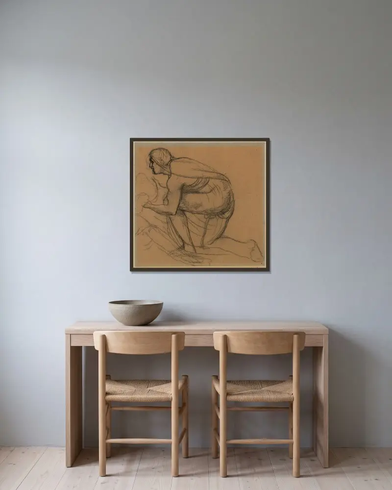 Draperad man i profil åt vänster, höger knä på marken av Pierre Puvis de Chavannes inramad på en vägg