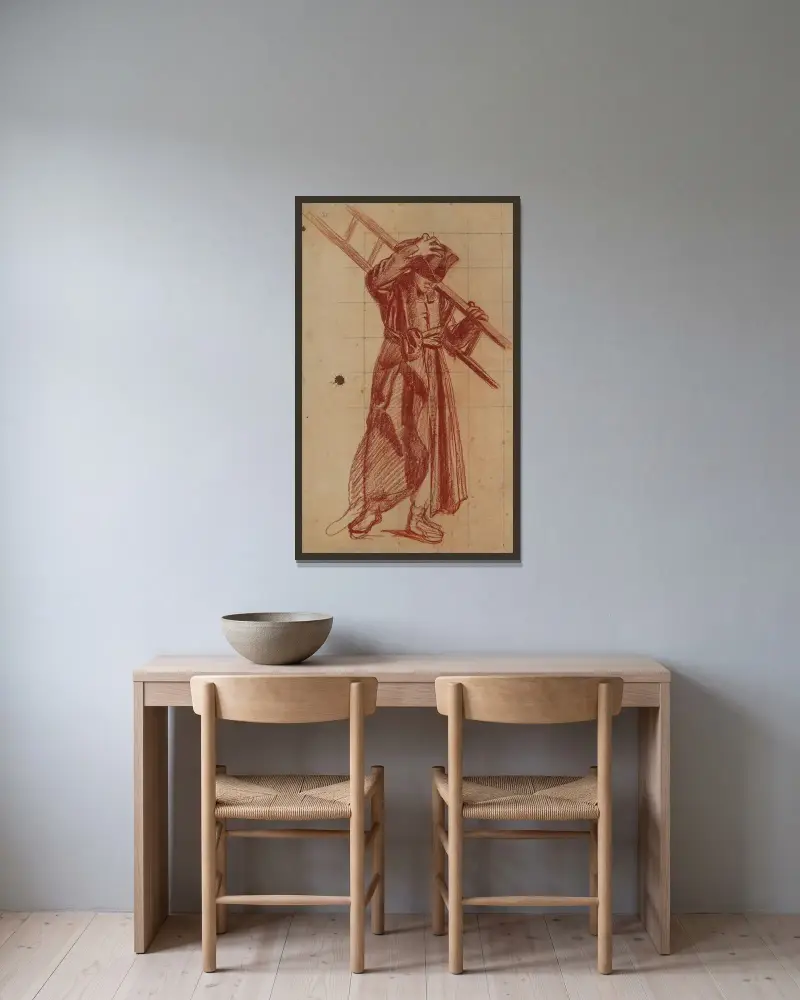 Präst i kyrklig dräkt bärande en stege av Pierre Puvis de Chavannes inramad på en vägg