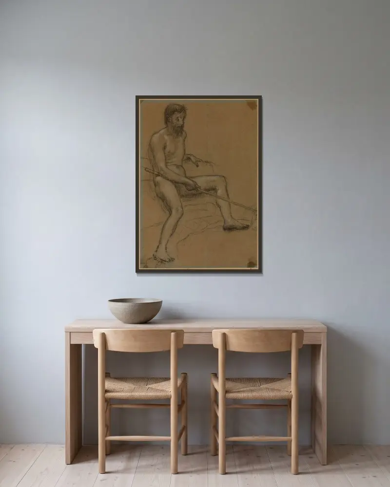 Sittande man med käpp i höger hand av Pierre Puvis de Chavannes inramad på en vägg