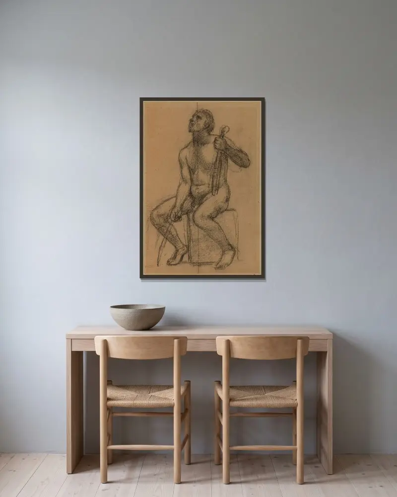 Sittande man med fiol och stråke av Pierre Puvis de Chavannes inramad på en vägg
