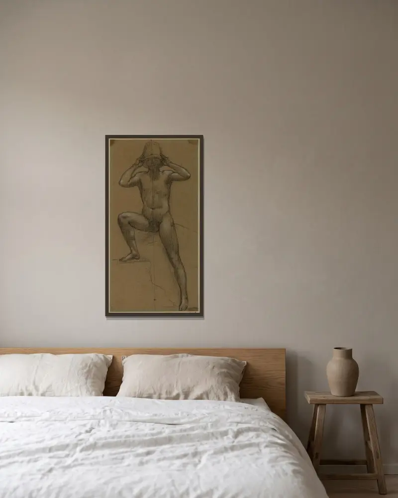 Man framifrån, kammande sig med en kruka av Pierre Puvis de Chavannes inramad på en vägg