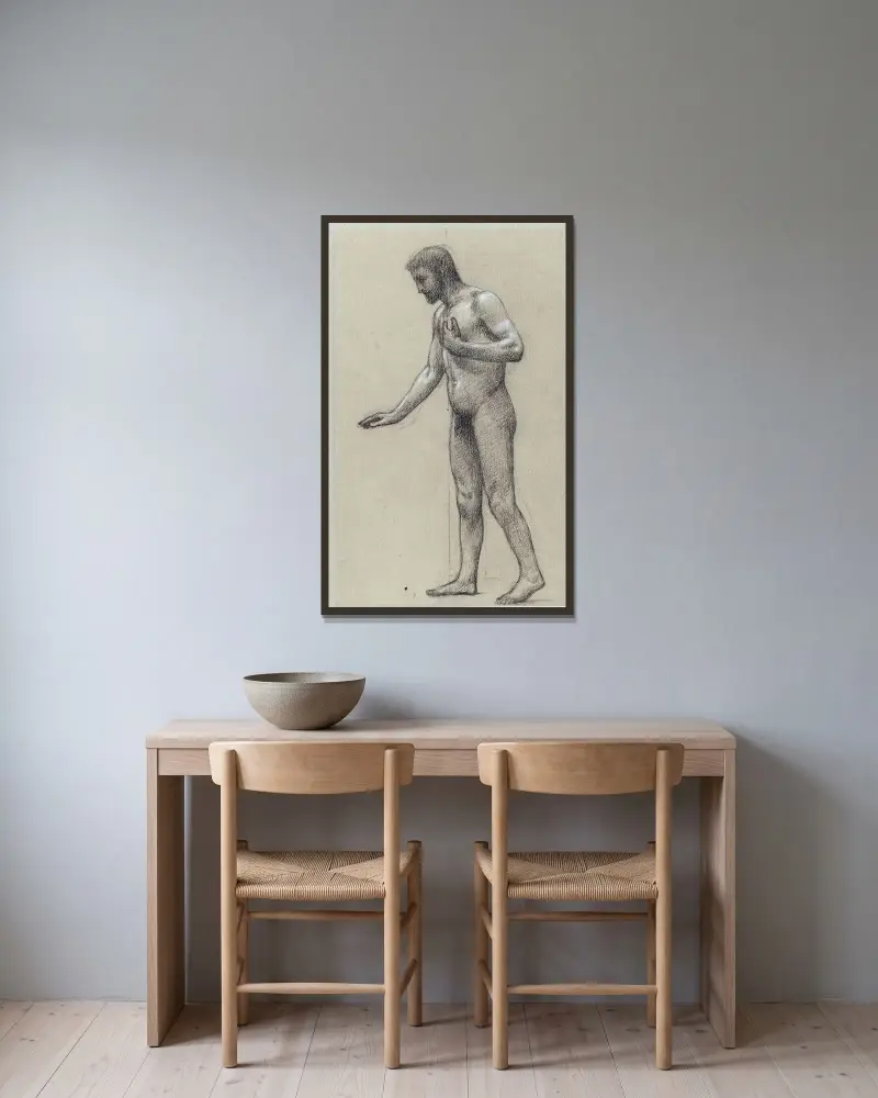 Man i profil till vänster, stående av Pierre Puvis de Chavannes inramad på en vägg