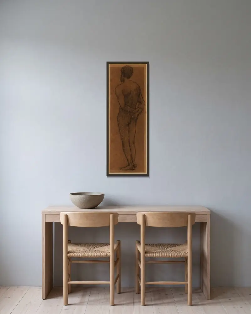 Man stående med ryggen vänd, armarna korsade på ryggen av Pierre Puvis de Chavannes inramad på en vägg