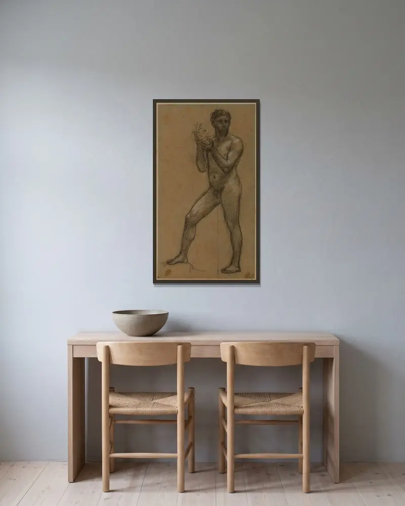 Stående man med ett föremål i båda händerna av Pierre Puvis de Chavannes inramad på en vägg