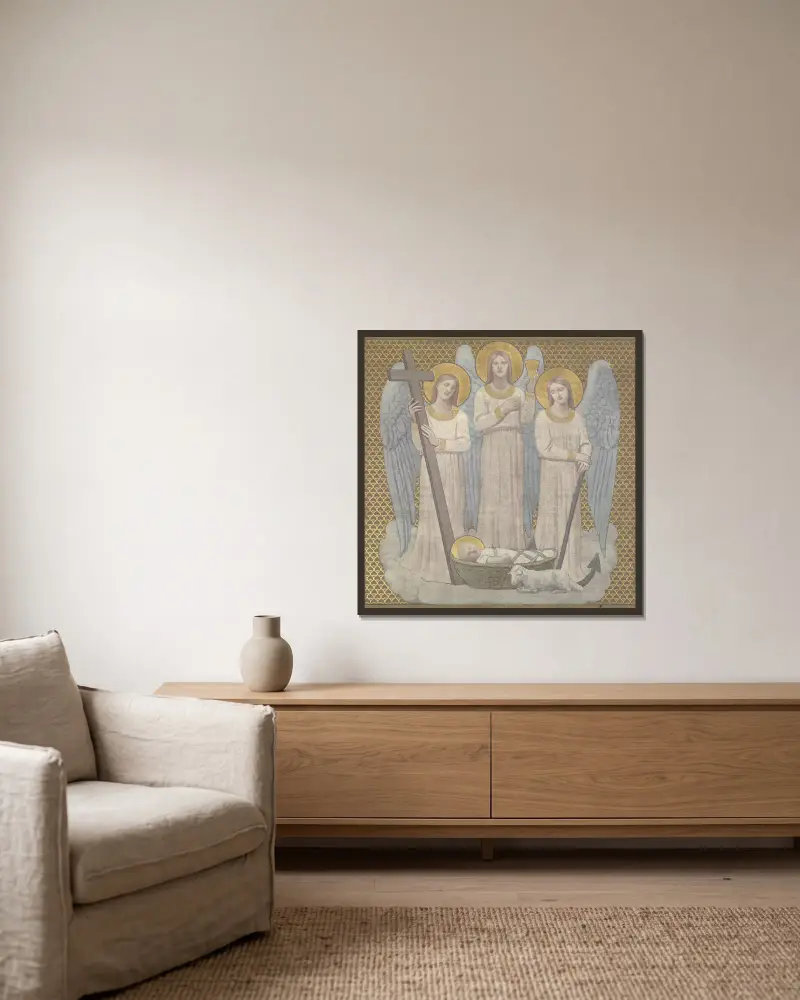La Foi, l’Espérance et la Charité veillant sur sainte Geneviève au berceau av Pierre Puvis de Chavannes inramad på en vägg