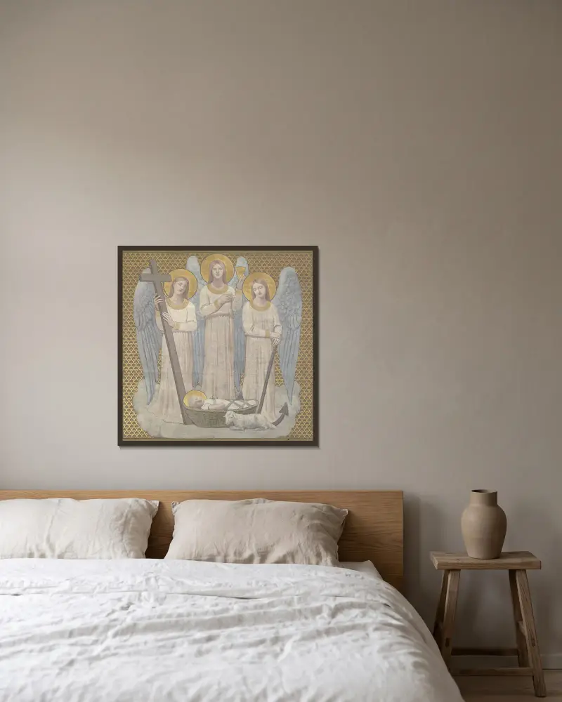 La Foi, l’Espérance et la Charité veillant sur sainte Geneviève au berceau av Pierre Puvis de Chavannes inramad på en vägg
