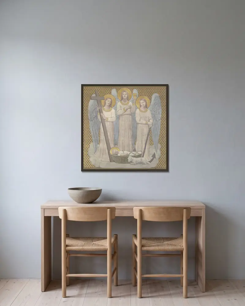 La Foi, l’Espérance et la Charité veillant sur sainte Geneviève au berceau av Pierre Puvis de Chavannes inramad på en vägg
