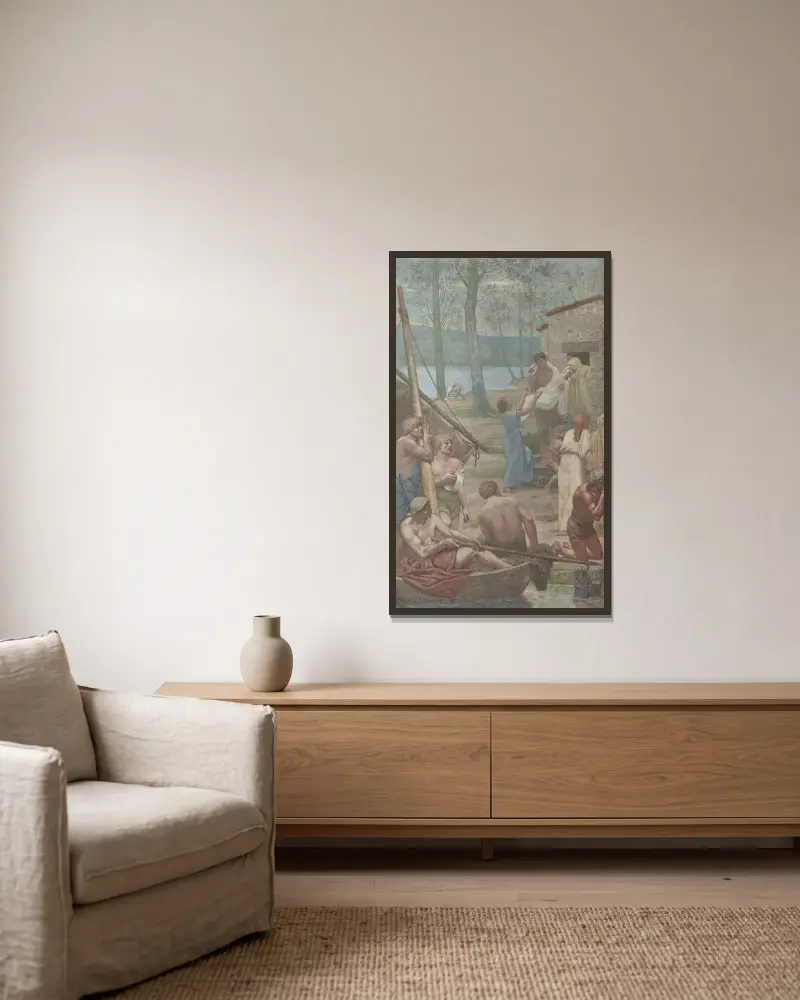 Die Begegnung der heiligen Genoveva mit dem heiligen Germanus, 1877 – Nr. 1 von Pierre Puvis de Chavannes gerahmt an einer Wand