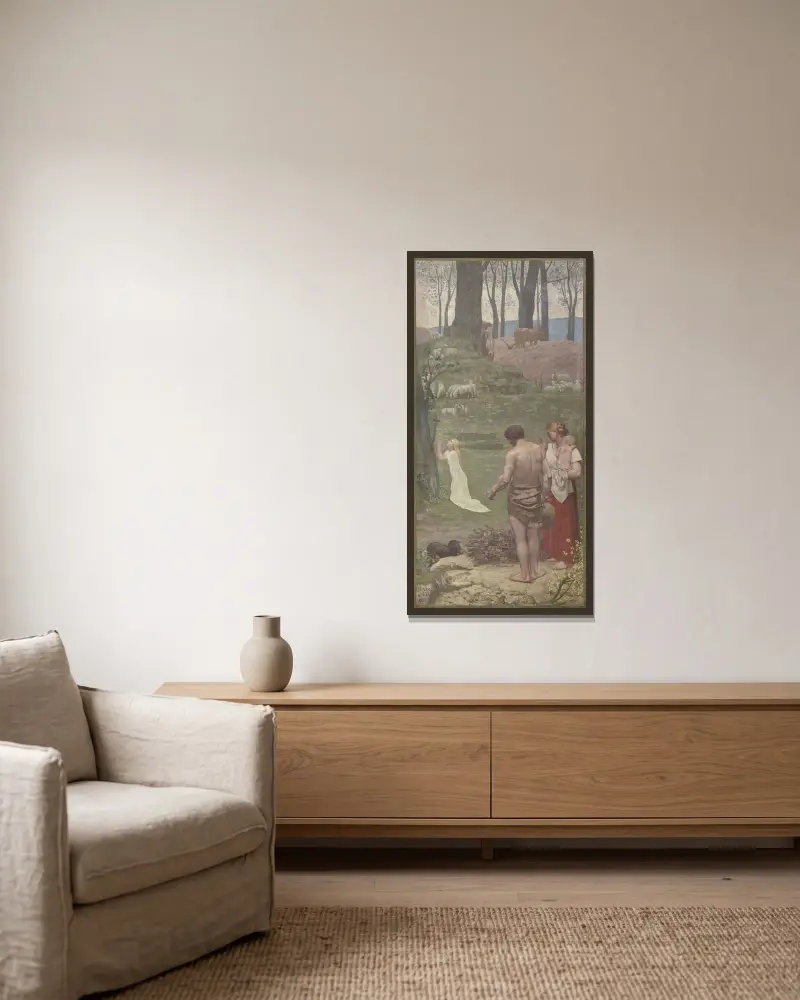 Sankta Genovevas barndom av Pierre Puvis de Chavannes inramad på en vägg