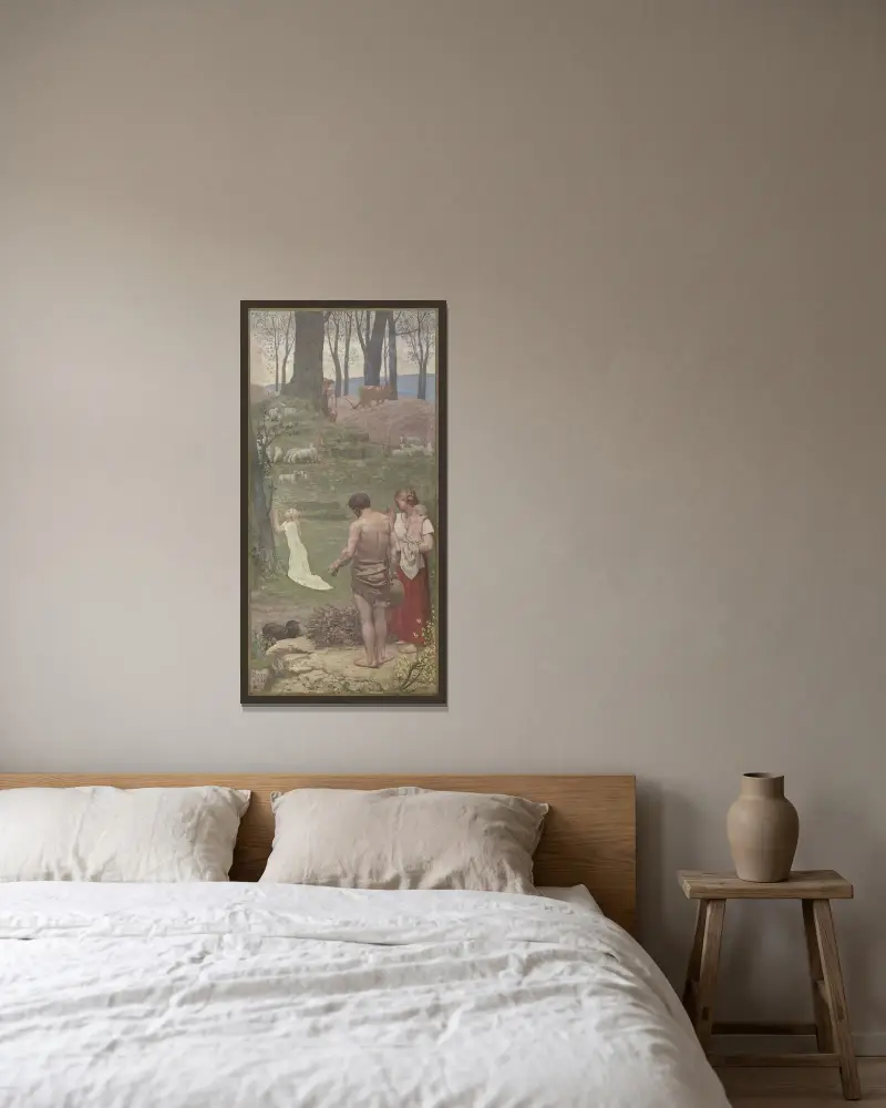 Sankta Genovevas barndom av Pierre Puvis de Chavannes inramad på en vägg
