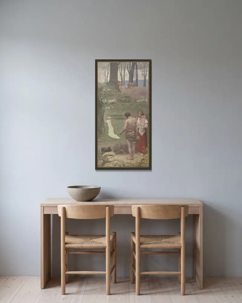 Sankta Genovevas barndom av Pierre Puvis de Chavannes inramad på en vägg
