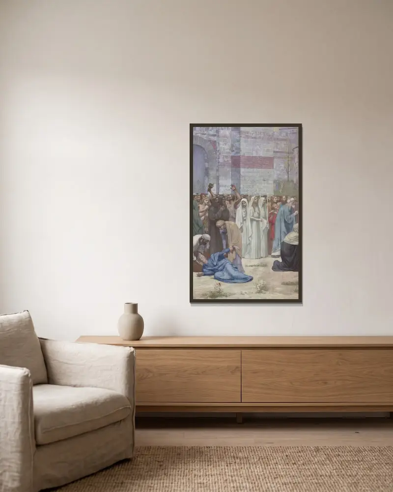 Sainte Geneviève som livnär det belägrade Paris av Pierre Puvis de Chavannes inramad på en vägg