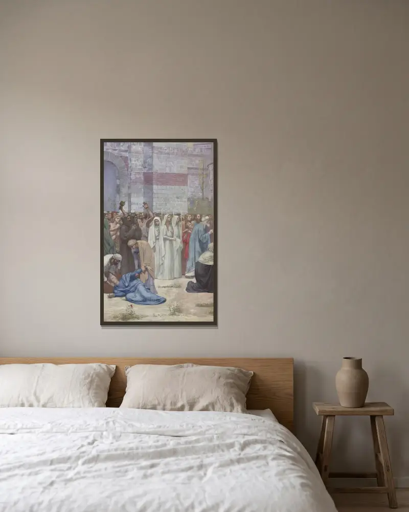Sainte Geneviève som livnär det belägrade Paris av Pierre Puvis de Chavannes inramad på en vägg