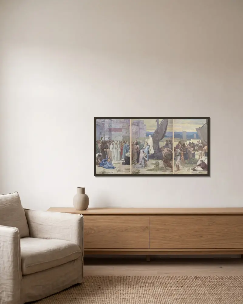 Die heilige Genoveva versorgt das belagerte Paris mit Nahrung von Pierre Puvis de Chavannes gerahmt an einer Wand