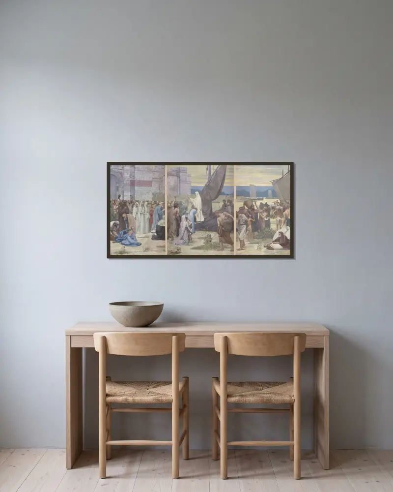 Die heilige Genoveva versorgt das belagerte Paris mit Nahrung von Pierre Puvis de Chavannes gerahmt an einer Wand