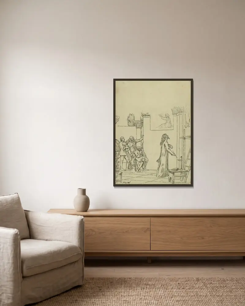 Studie för L'inspiration chrétienne av Pierre Puvis de Chavannes inramad på en vägg