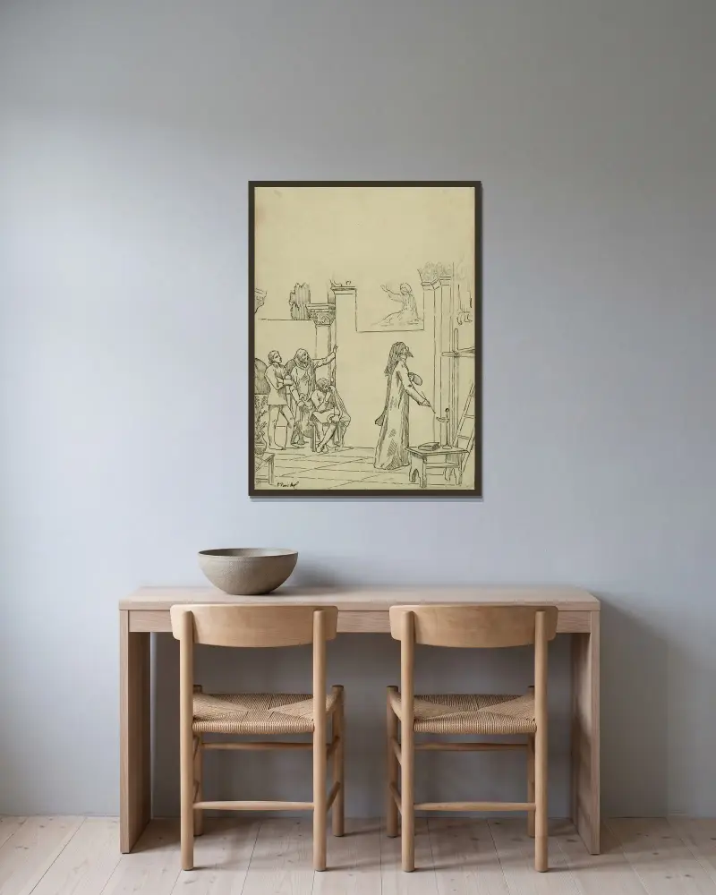 Studie för L'inspiration chrétienne av Pierre Puvis de Chavannes inramad på en vägg