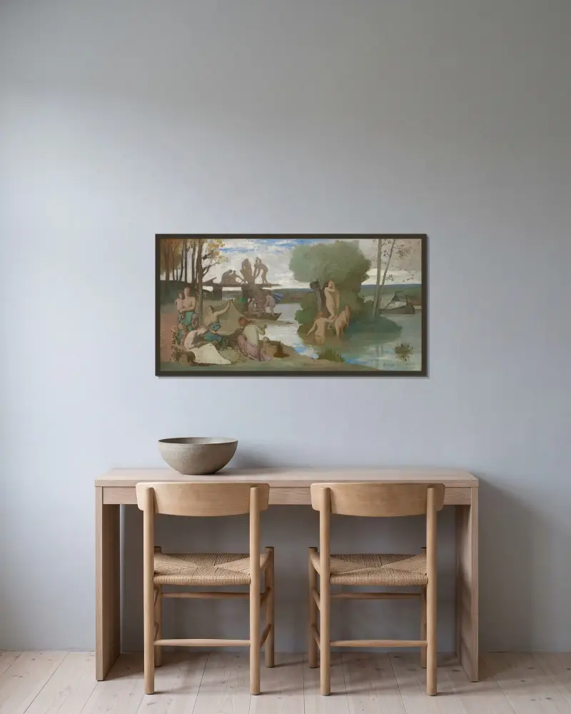 Floden av Pierre Puvis de Chavannes inramad på en vägg