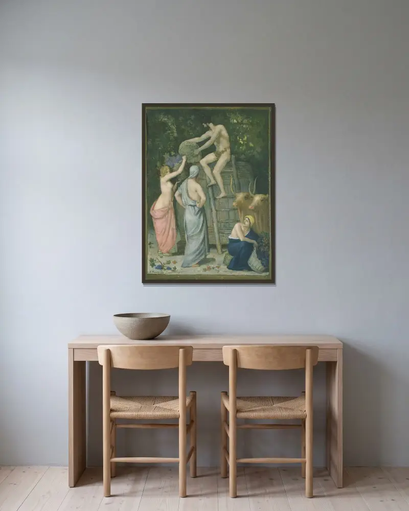Vinskörden av Pierre Puvis de Chavannes inramad på en vägg