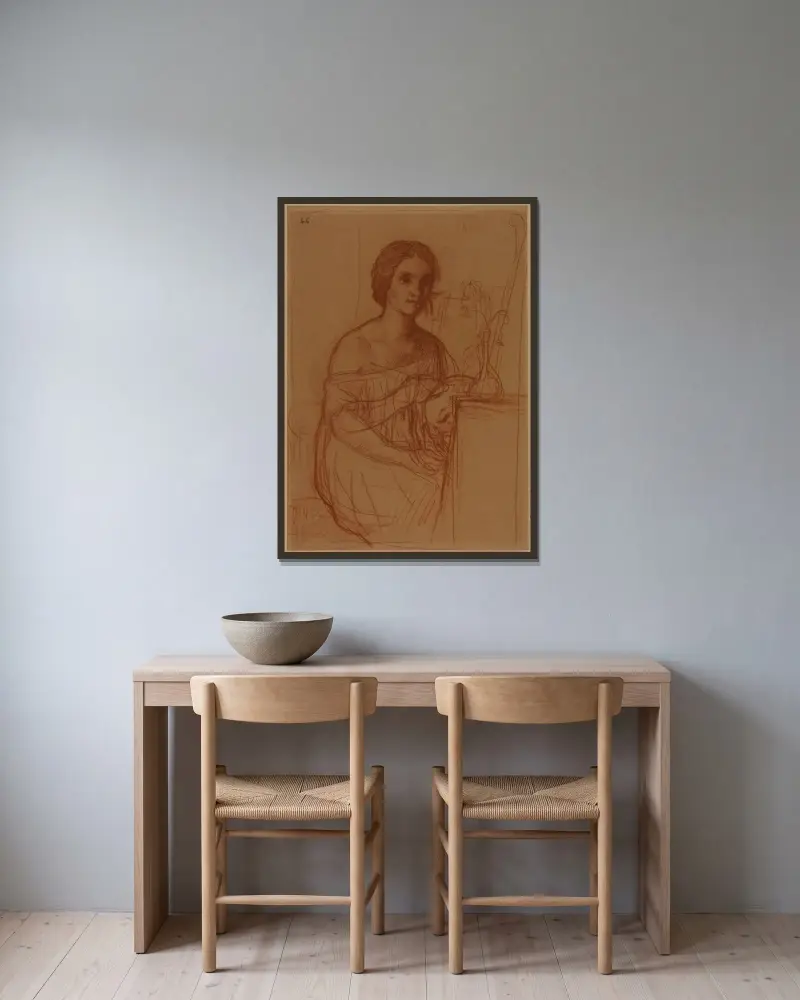 Sitzende Frau, einen Vasen bemalend von Pierre Puvis de Chavannes gerahmt an einer Wand