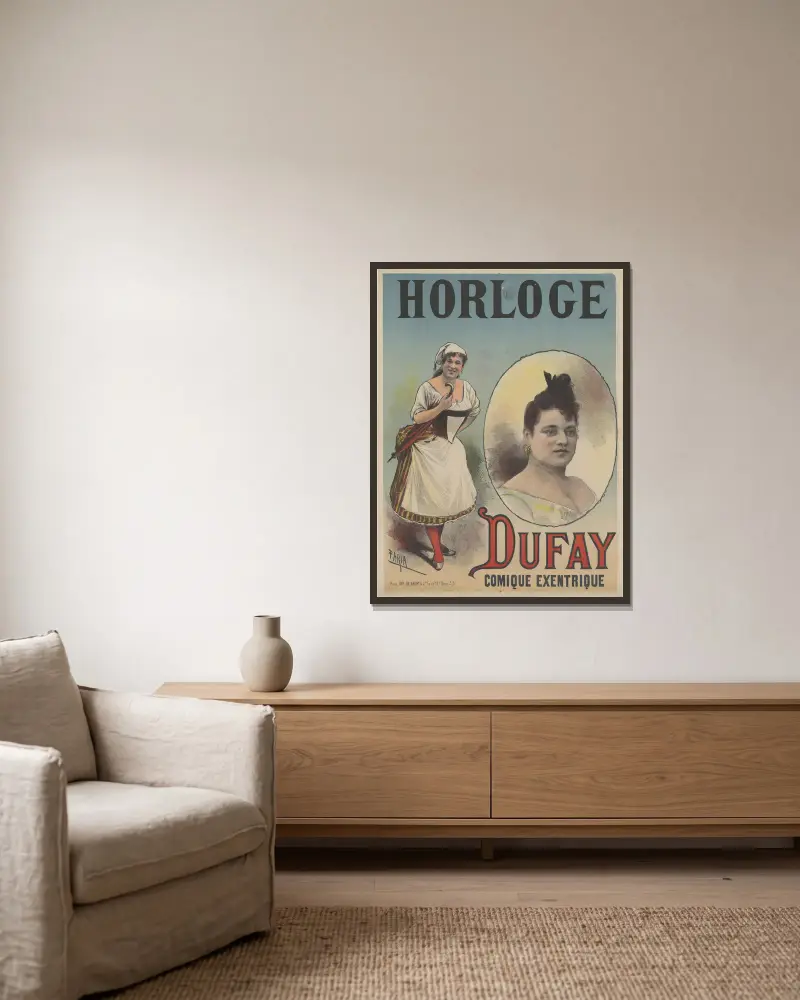 Horloge Dufay comique excentrique av Cândido de Faria inramad på en vägg