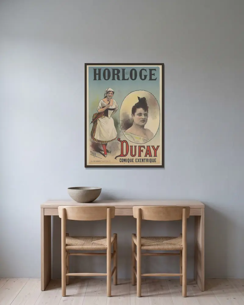Horloge Dufay comique excentrique av Cândido de Faria inramad på en vägg