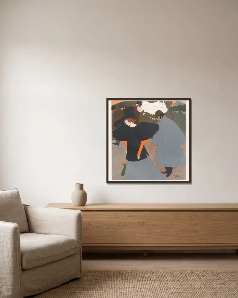 Dame op straat gevolgd door een heer av Georges de Feure inramad på en vägg