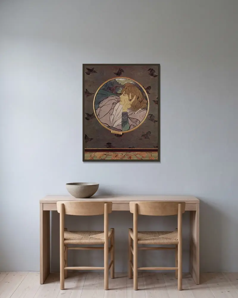 Det ondas röst eller Melankoli, tondo av Georges de Feure inramad på en vägg