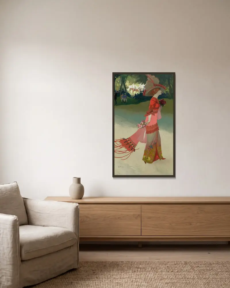 Kvinna i rött eller elegant på kapplöpningarna av Georges de Feure inramad på en vägg