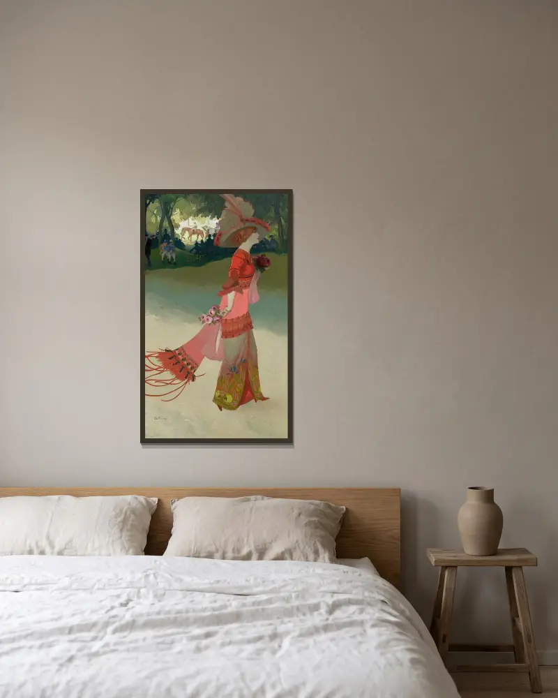 Kvinna i rött eller elegant på kapplöpningarna av Georges de Feure inramad på en vägg