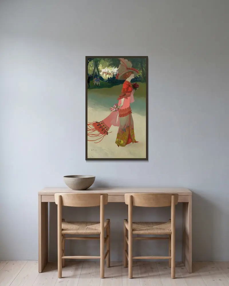 Kvinna i rött eller elegant på kapplöpningarna av Georges de Feure inramad på en vägg