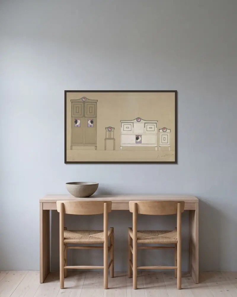 Furniture Designs; Wardrobe, Chair, Bureau and Washstand av Georges de Feure inramad på en vägg