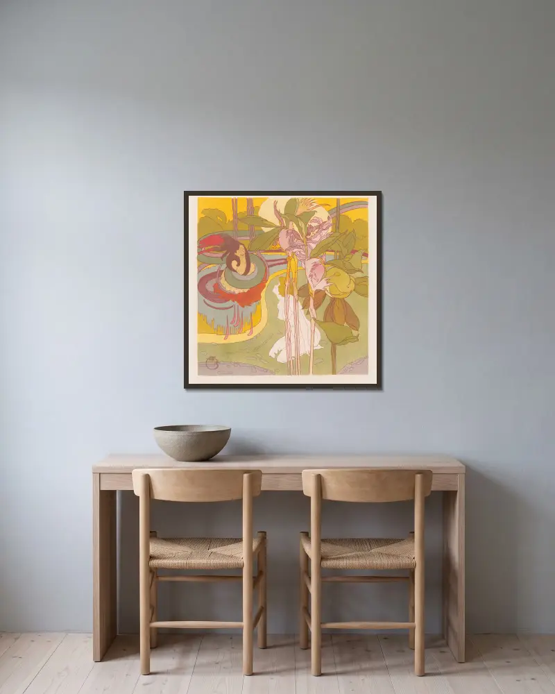 Vrouw krijgt visioen in een tuin av Georges de Feure inramad på en vägg