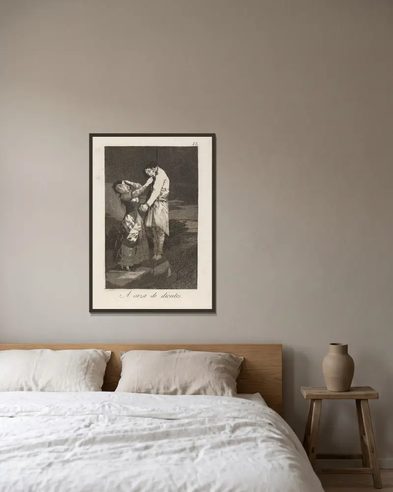 Auf Zahnjagd von Francisco de Goya gerahmt an einer Wand
