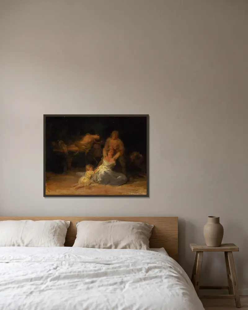 Gewalttat gegen zwei Frauen von Francisco de Goya gerahmt an einer Wand