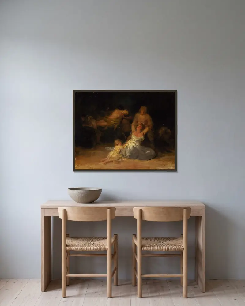 Gewalttat gegen zwei Frauen von Francisco de Goya gerahmt an einer Wand
