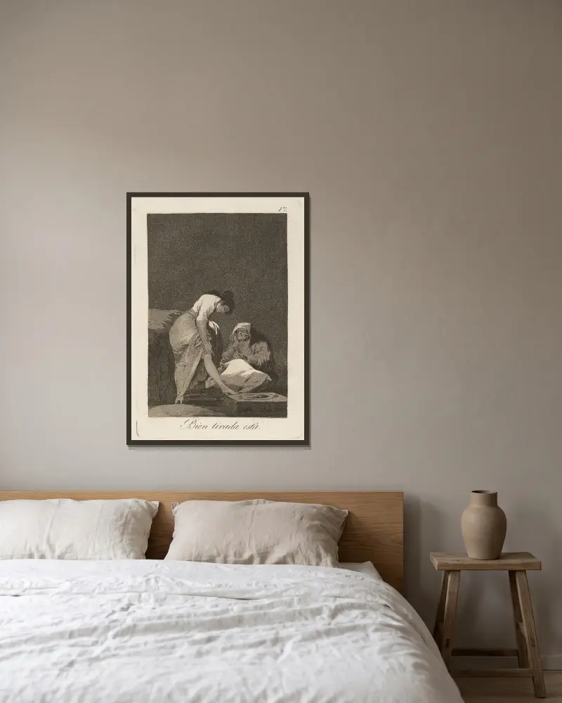 Bien tirada está. (It is nicely stretched.) av Francisco de Goya inramad på en vägg
