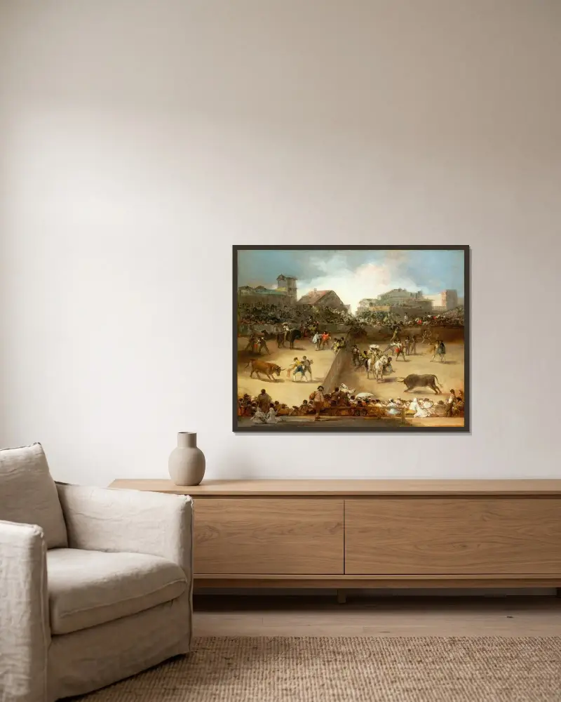 Bullfight in a Divided Ring av Francisco de Goya inramad på en vägg